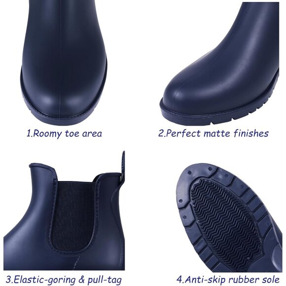 Women's Navy Blue Pointed Toe Waterproof Chelsea Double Elastic Ankle Rain Boots - Picture 5 of 7